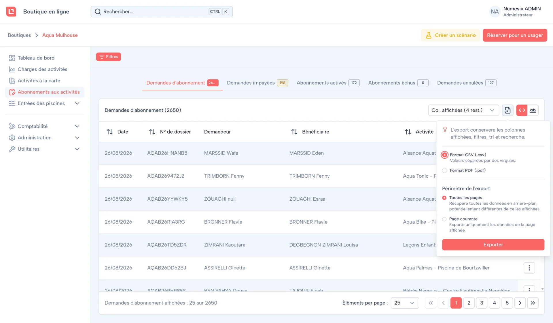 DataTable avec sélecteur de colonnes et export
