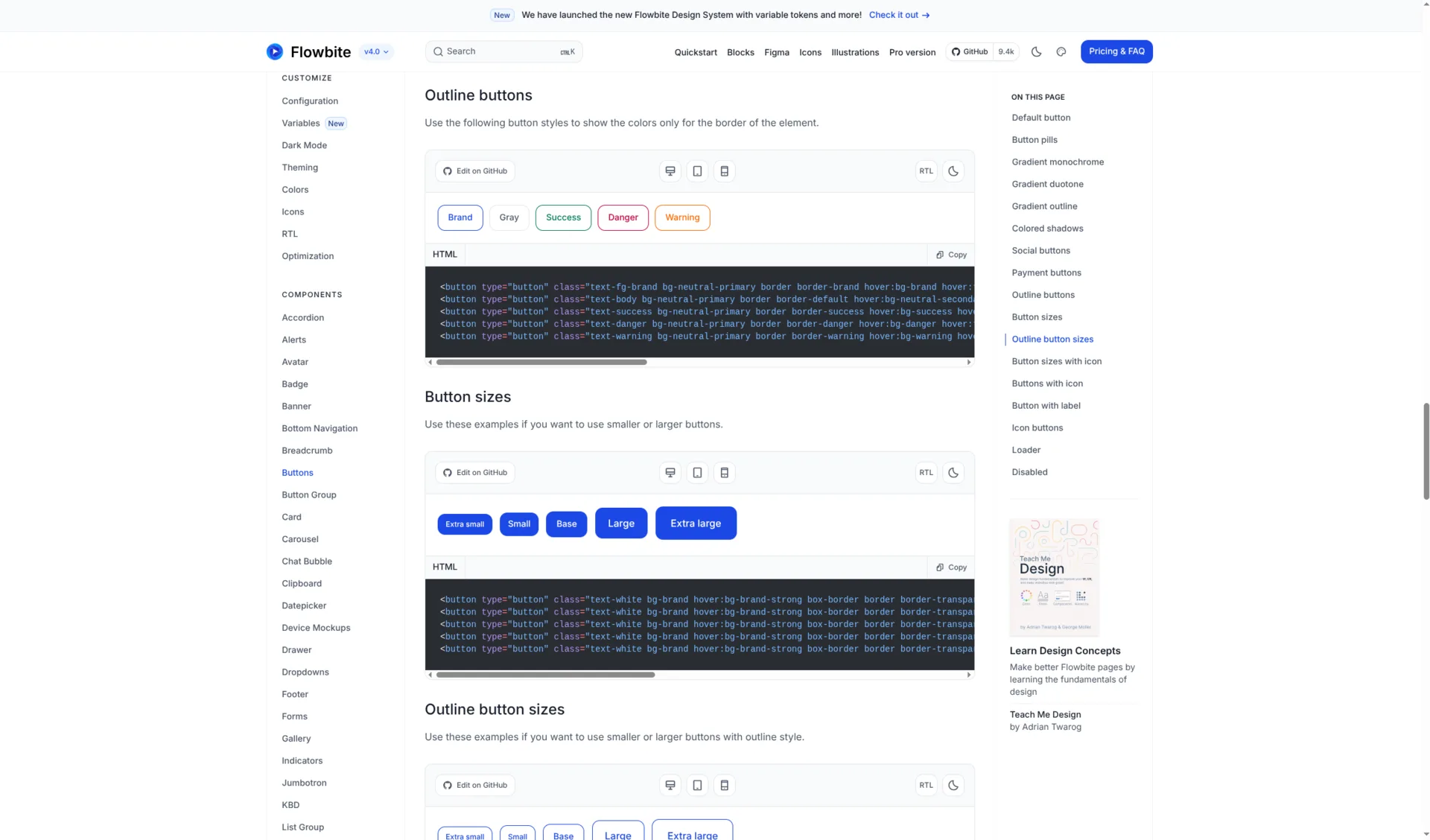 Exemple du design system : variantes de boutons et états interactifs